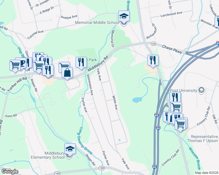 map of restaurants, bars, coffee shops, grocery stores, and more near 95 White Avenue in Middlebury