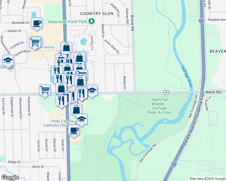 map of restaurants, bars, coffee shops, grocery stores, and more near 801 Schock Drive in Joliet