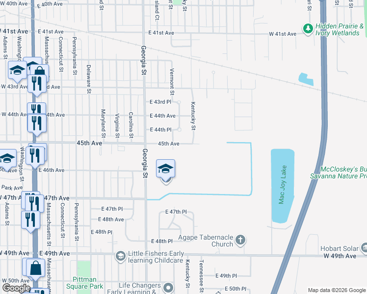 map of restaurants, bars, coffee shops, grocery stores, and more near 1033 East 45th Avenue in Gary