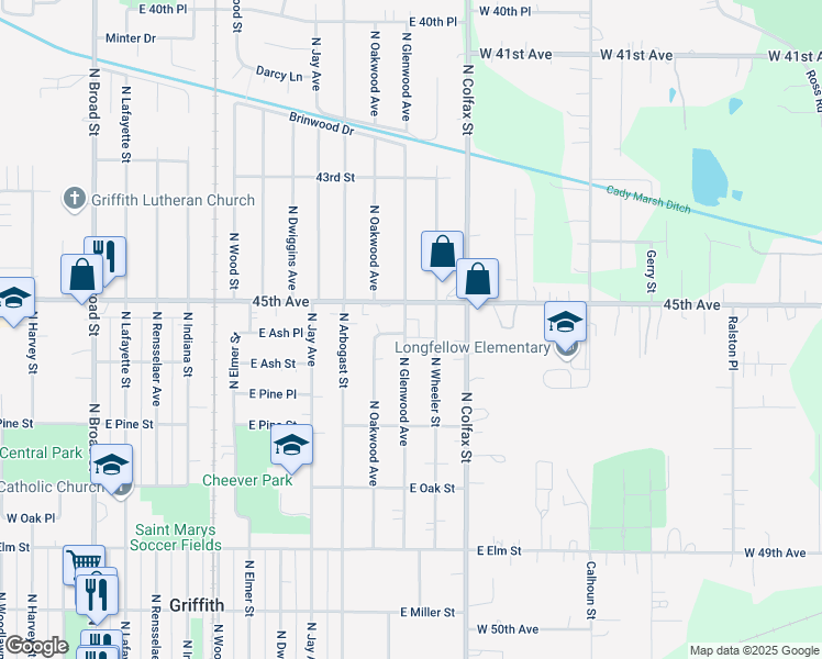 map of restaurants, bars, coffee shops, grocery stores, and more near 825 North Glenwood Street in Griffith