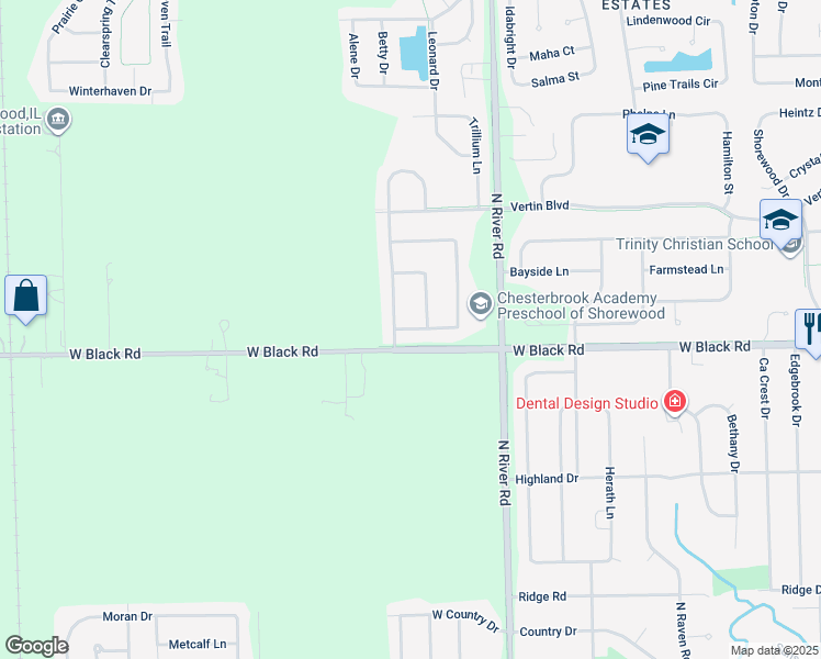 map of restaurants, bars, coffee shops, grocery stores, and more near 7810 Nightshade Lane in Joliet