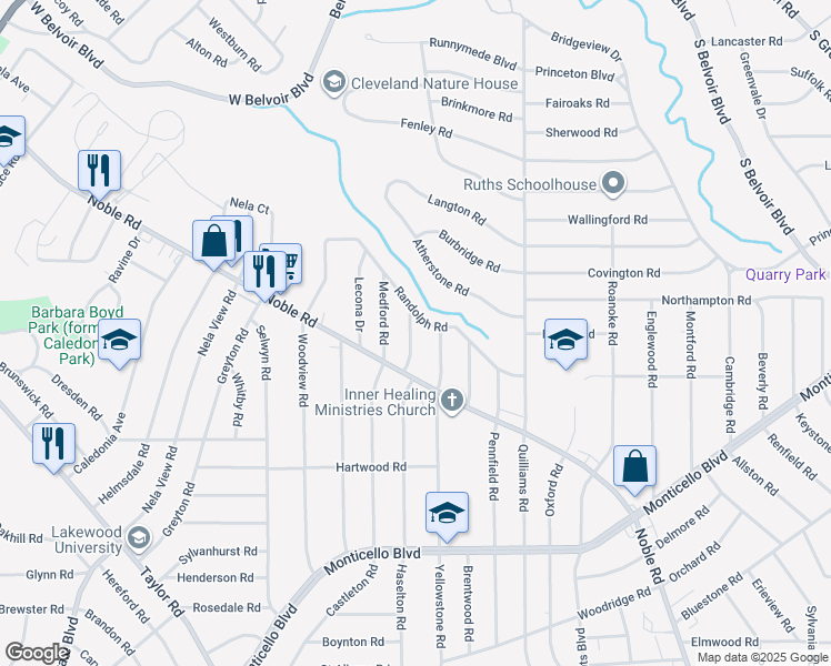 map of restaurants, bars, coffee shops, grocery stores, and more near 887 Clarence Road in Cleveland Heights