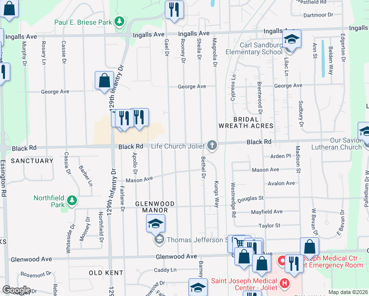 map of restaurants, bars, coffee shops, grocery stores, and more near 725 Terry Drive in Joliet
