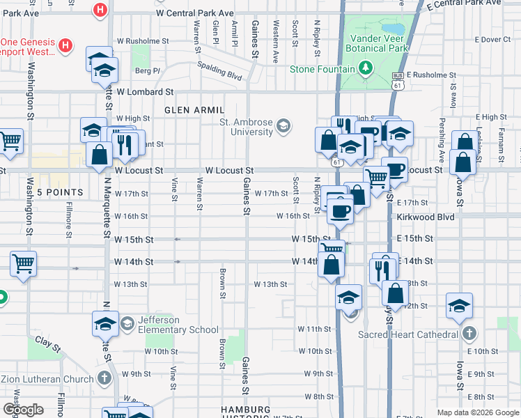 map of restaurants, bars, coffee shops, grocery stores, and more near 614 W 16th St in Davenport