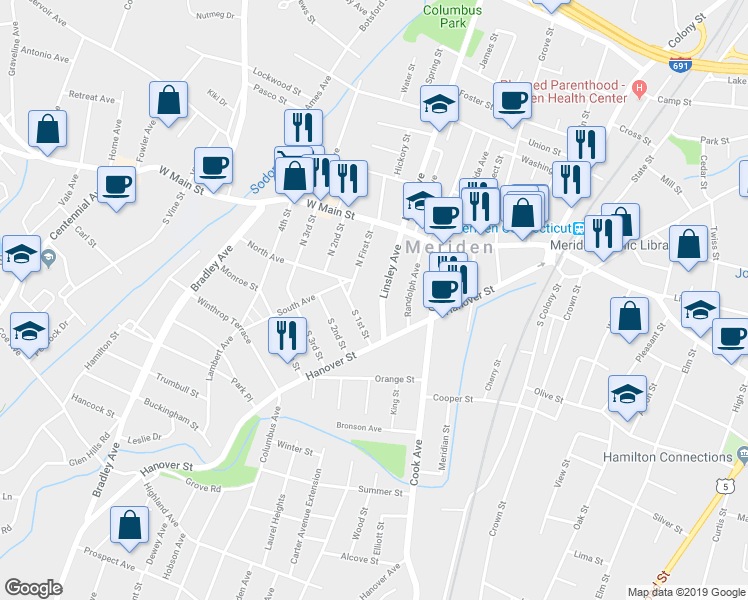 map of restaurants, bars, coffee shops, grocery stores, and more near 85 Linsley Avenue in Meriden
