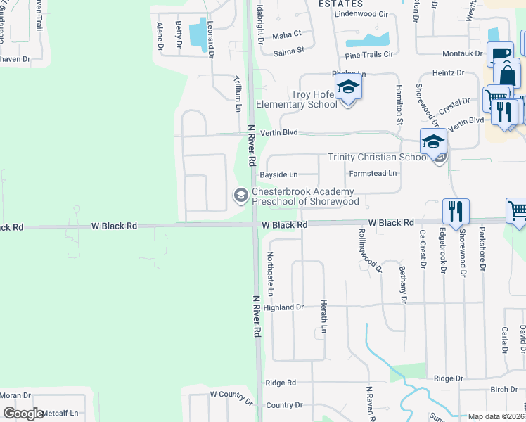 map of restaurants, bars, coffee shops, grocery stores, and more near 1113 Marion Court in Shorewood