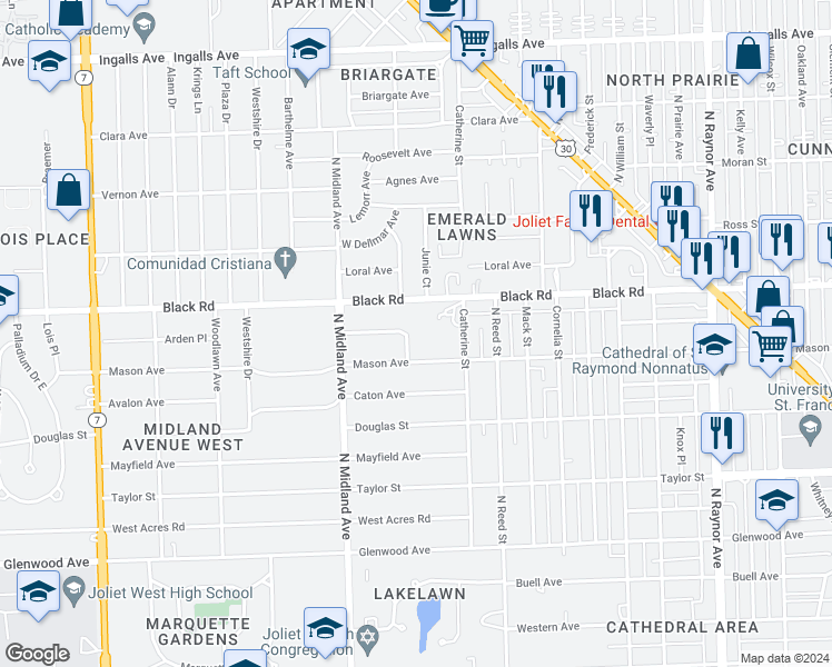 map of restaurants, bars, coffee shops, grocery stores, and more near 708 Gordon Place in Joliet
