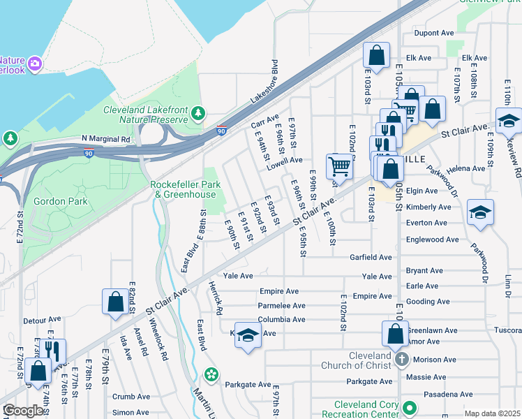 map of restaurants, bars, coffee shops, grocery stores, and more near 743 E 92nd St in Cleveland