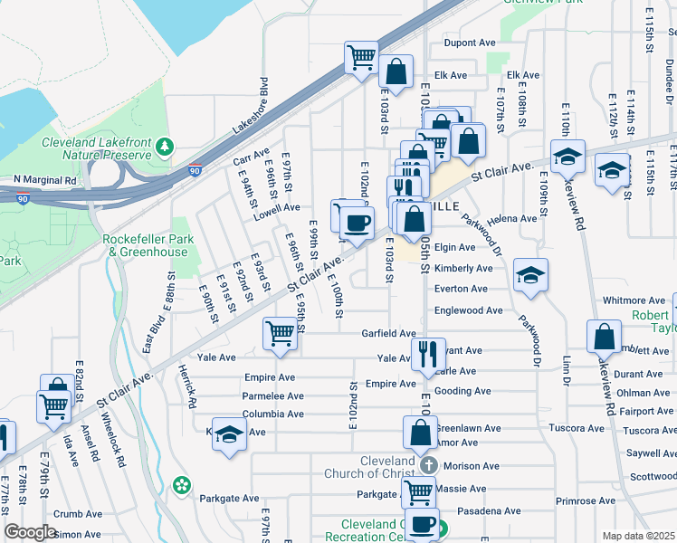 map of restaurants, bars, coffee shops, grocery stores, and more near 10004 Saint Clair Avenue in Cleveland