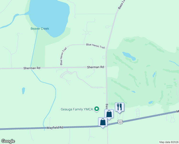 map of restaurants, bars, coffee shops, grocery stores, and more near 11670 Sherman Road in Chardon