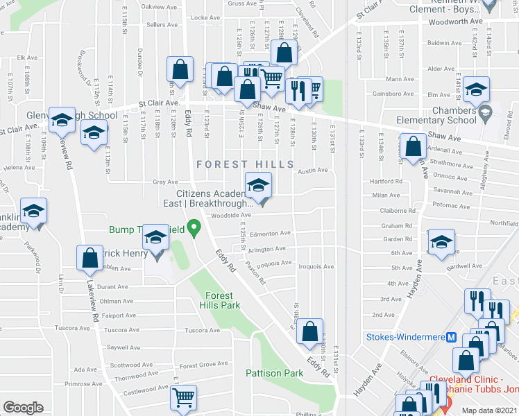 map of restaurants, bars, coffee shops, grocery stores, and more near 12523 Woodside Avenue in Cleveland