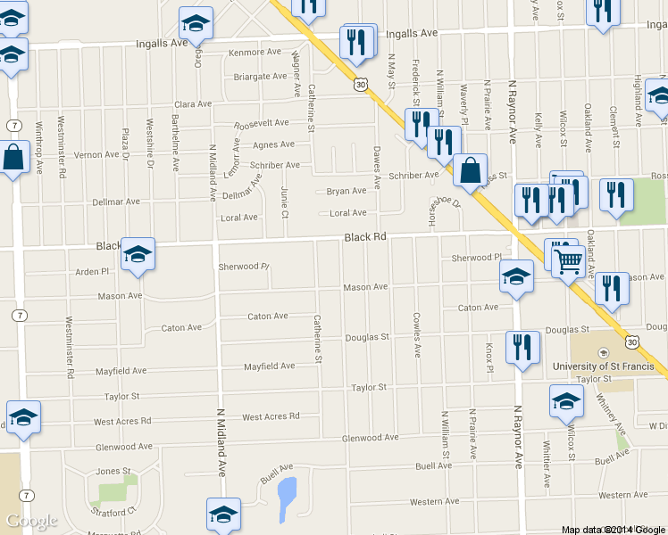 map of restaurants, bars, coffee shops, grocery stores, and more near 709 North Reed Street in Joliet