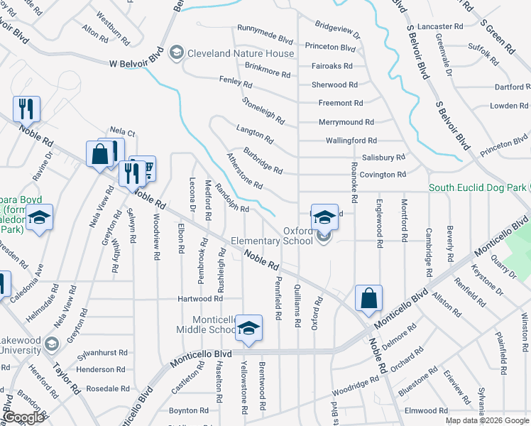 map of restaurants, bars, coffee shops, grocery stores, and more near 3658 Randolph Road in Cleveland Heights