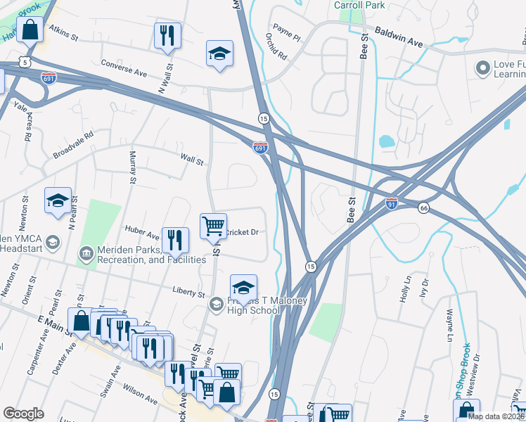 map of restaurants, bars, coffee shops, grocery stores, and more near 77a Sunbright Drive North in Meriden
