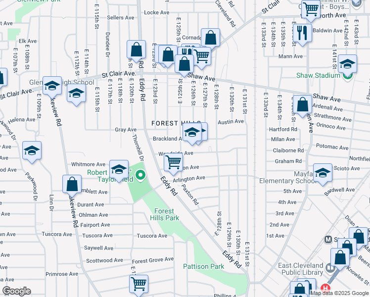 map of restaurants, bars, coffee shops, grocery stores, and more near 12523 Woodside Avenue in Cleveland