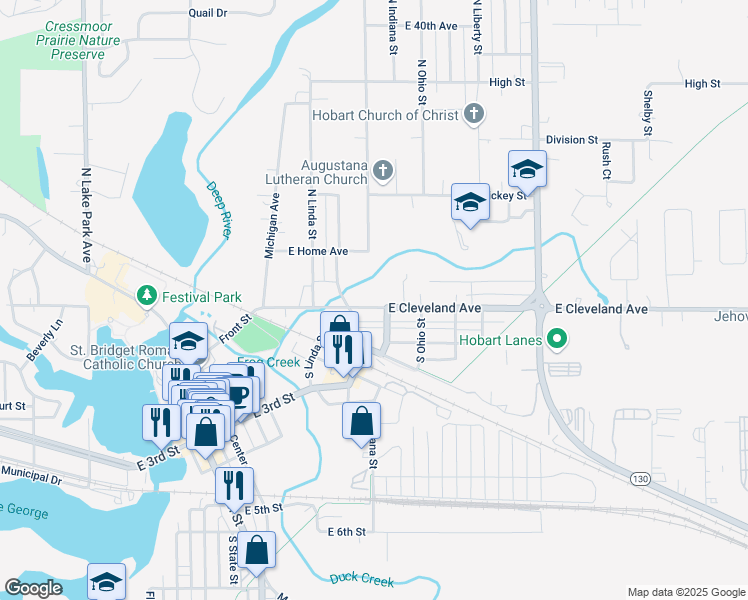 map of restaurants, bars, coffee shops, grocery stores, and more near 920 East Cleveland Avenue in Hobart