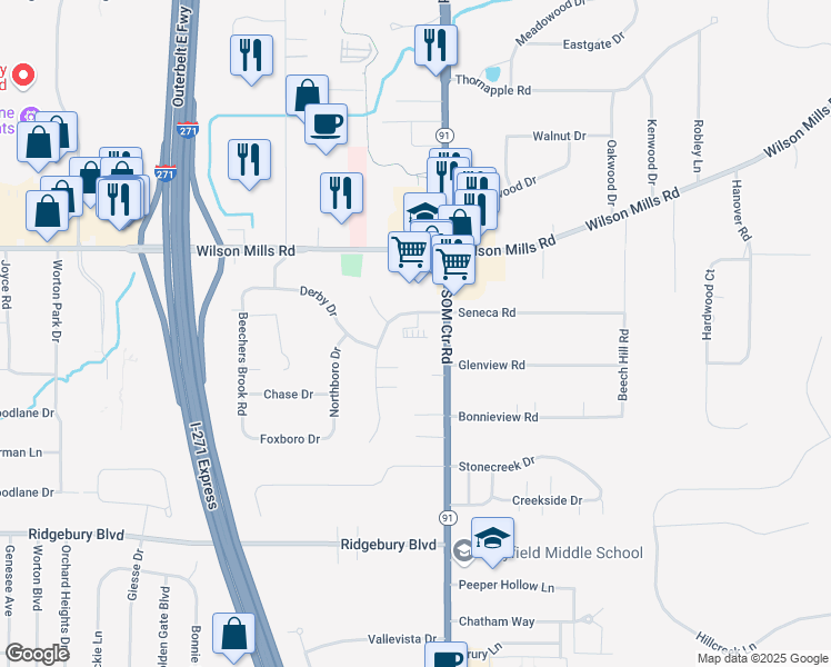map of restaurants, bars, coffee shops, grocery stores, and more near 6628 Aintree Park Drive in Mayfield