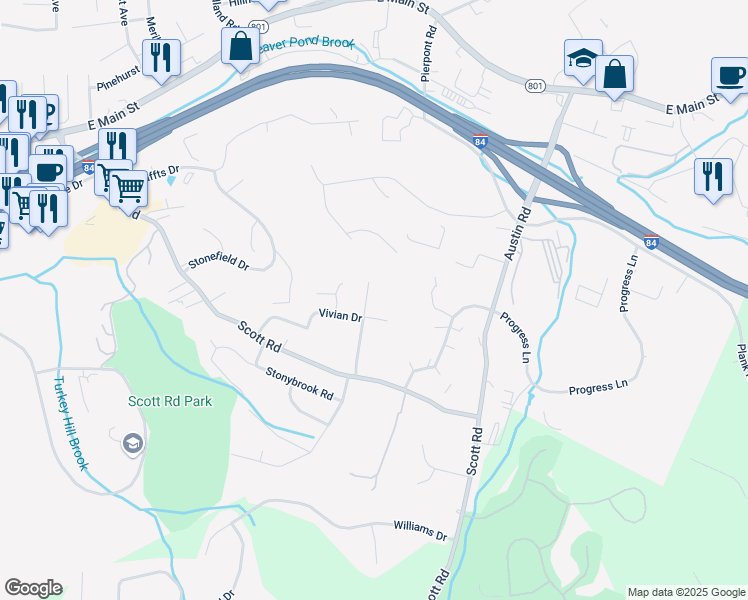 map of restaurants, bars, coffee shops, grocery stores, and more near 90 Hartley Drive in Waterbury