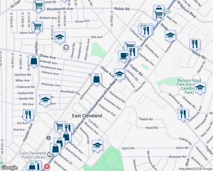 map of restaurants, bars, coffee shops, grocery stores, and more near in Cleveland