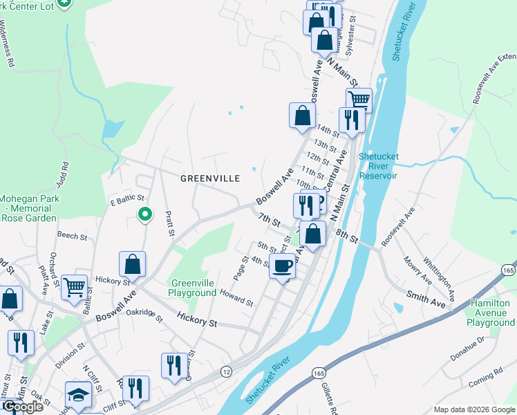 map of restaurants, bars, coffee shops, grocery stores, and more near 413 Boswell Avenue in Norwich