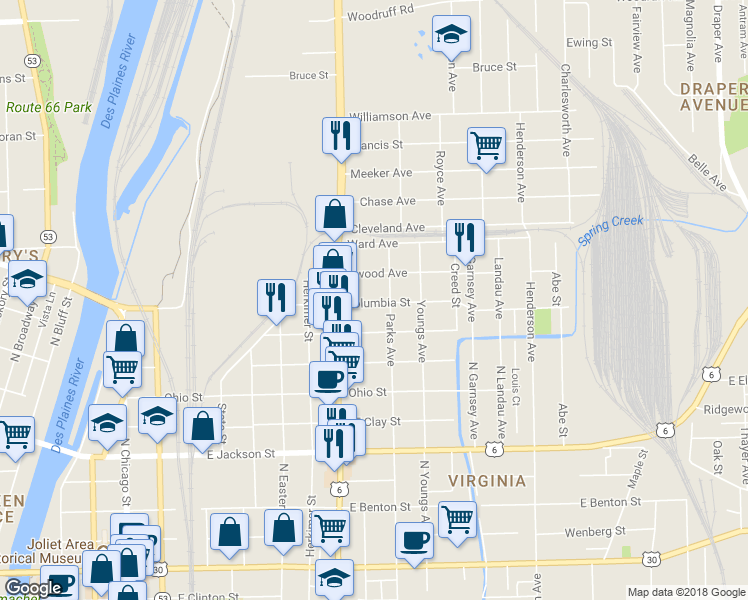 map of restaurants, bars, coffee shops, grocery stores, and more near 423 Columbia Street in Joliet
