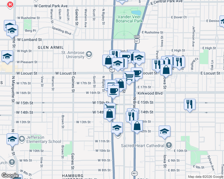 map of restaurants, bars, coffee shops, grocery stores, and more near 1602 North Harrison Street in Davenport
