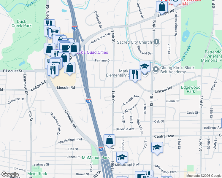 map of restaurants, bars, coffee shops, grocery stores, and more near 1332 14th Street in Bettendorf