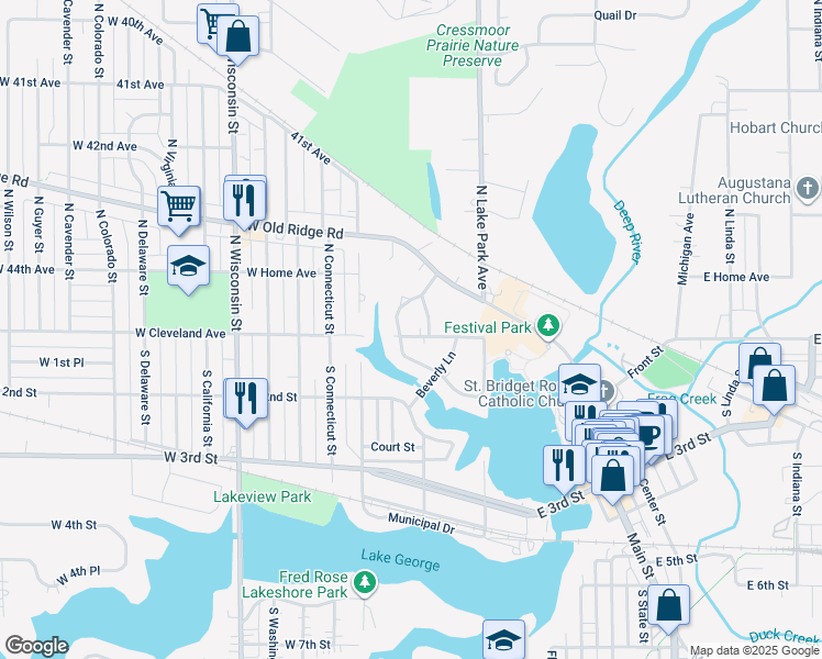 map of restaurants, bars, coffee shops, grocery stores, and more near 34 West Cleveland Avenue in Hobart
