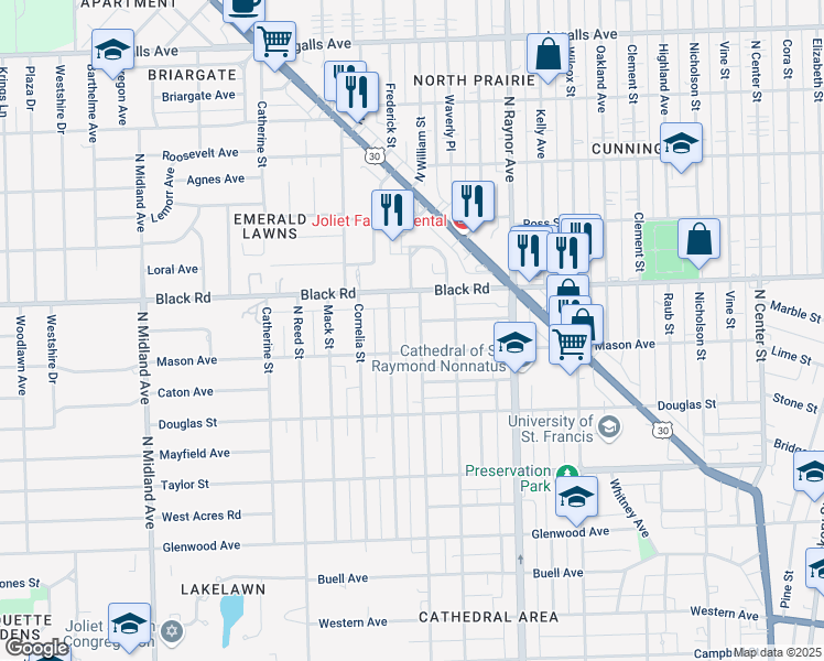 map of restaurants, bars, coffee shops, grocery stores, and more near 709 North William Street in Joliet