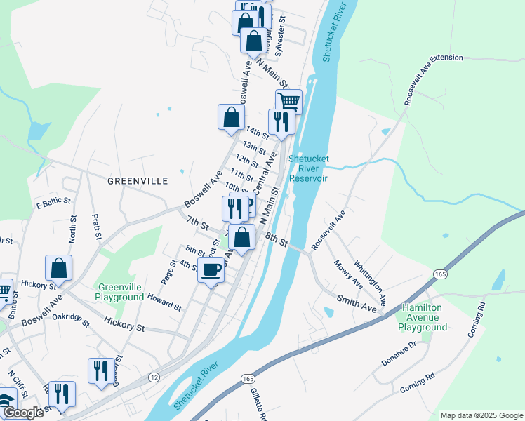 map of restaurants, bars, coffee shops, grocery stores, and more near 532 North Main Street in Norwich