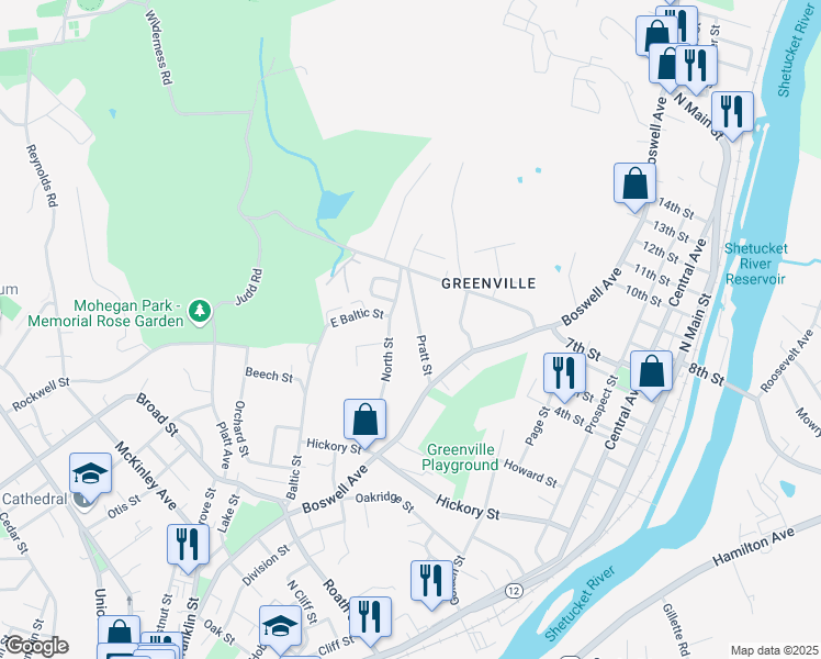 map of restaurants, bars, coffee shops, grocery stores, and more near 48 Pratt Street in Norwich