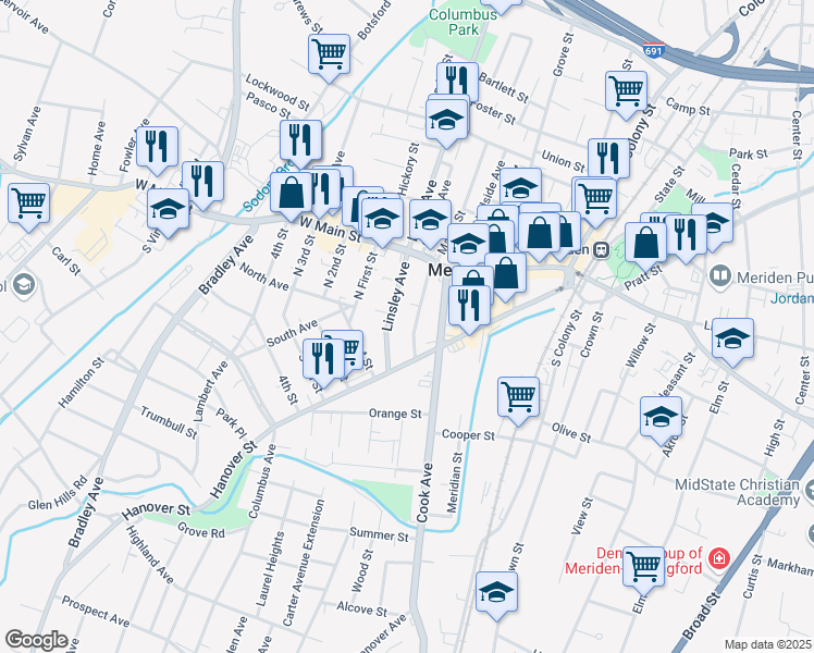 map of restaurants, bars, coffee shops, grocery stores, and more near 74 Randolph Avenue in Meriden