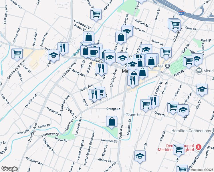 map of restaurants, bars, coffee shops, grocery stores, and more near 85 Linsley Avenue in Meriden