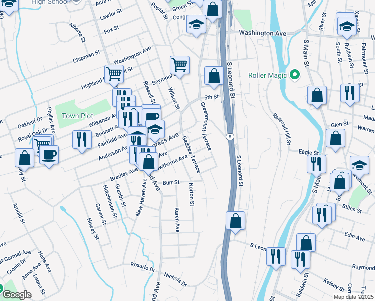 map of restaurants, bars, coffee shops, grocery stores, and more near 30 Hawthorne Avenue in Waterbury