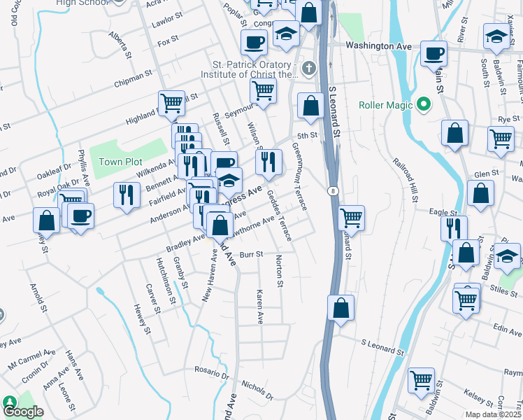 map of restaurants, bars, coffee shops, grocery stores, and more near 67 Avon Avenue in Waterbury