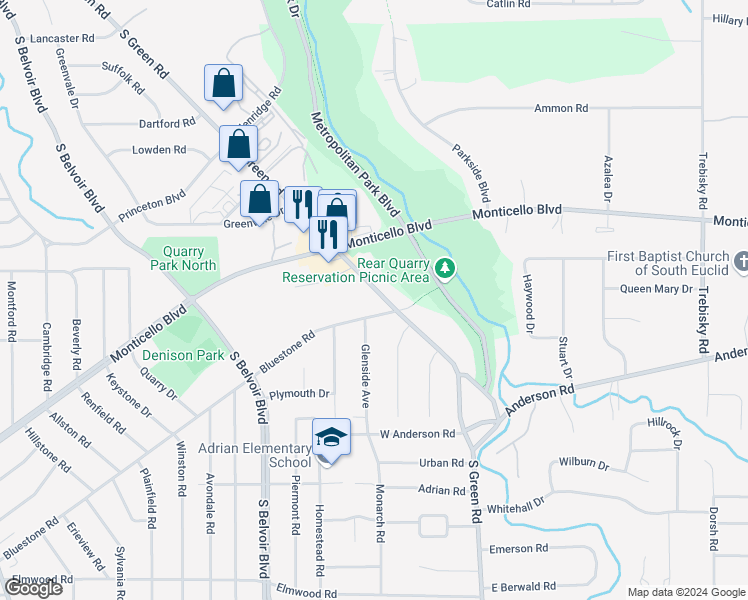 map of restaurants, bars, coffee shops, grocery stores, and more near 842 South Green Road in South Euclid