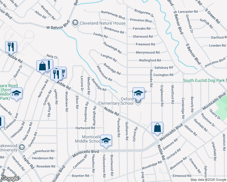 map of restaurants, bars, coffee shops, grocery stores, and more near 3658 Randolph Road in Cleveland Heights