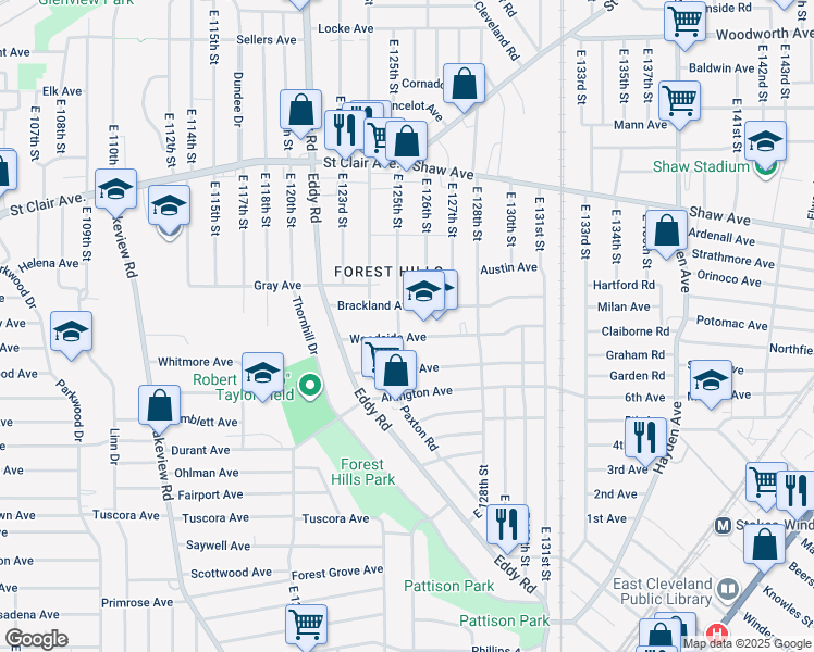 map of restaurants, bars, coffee shops, grocery stores, and more near 749 East 125th Street in Cleveland