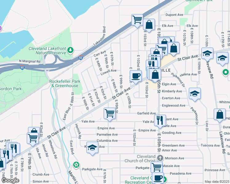 map of restaurants, bars, coffee shops, grocery stores, and more near in Cleveland