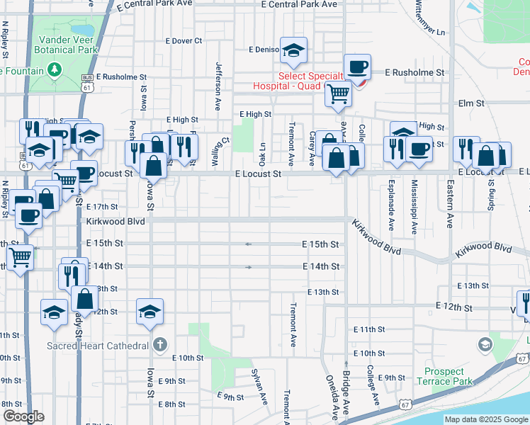 map of restaurants, bars, coffee shops, grocery stores, and more near 1605 Arlington Avenue in Davenport