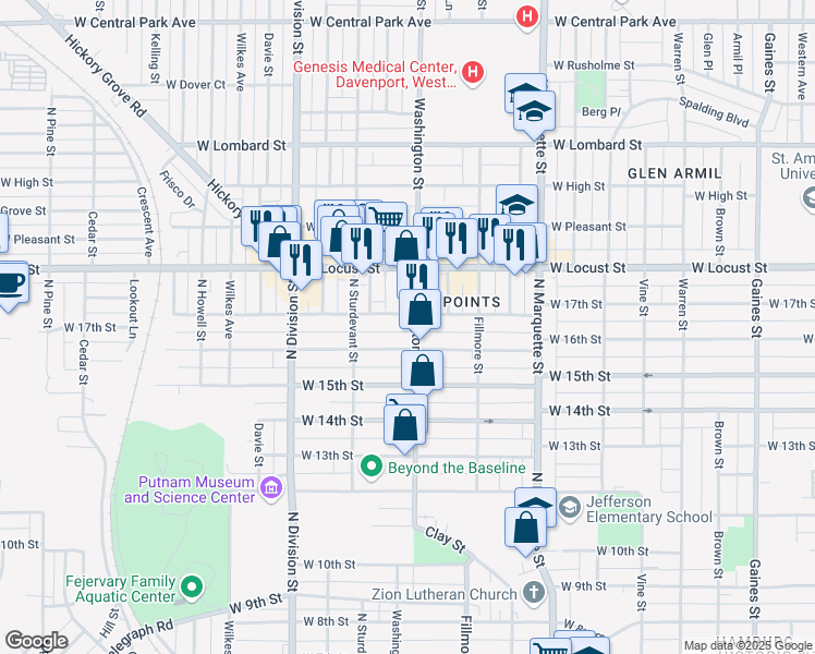 map of restaurants, bars, coffee shops, grocery stores, and more near 1509 West 17th Street in Davenport