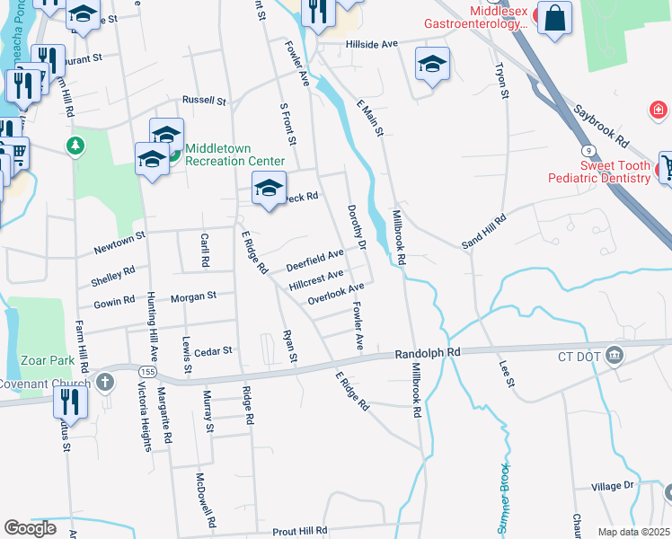 map of restaurants, bars, coffee shops, grocery stores, and more near 76 Hillcrest Avenue in Middletown