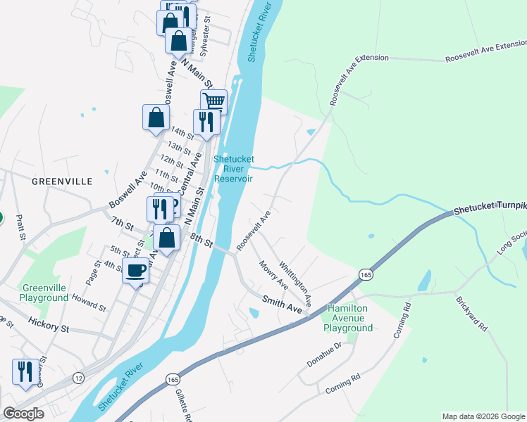 map of restaurants, bars, coffee shops, grocery stores, and more near 72 Roosevelt Avenue in Norwich