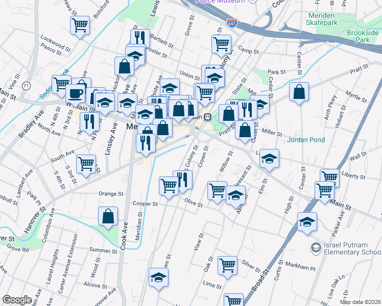 map of restaurants, bars, coffee shops, grocery stores, and more near 53 South Colony Street in Meriden