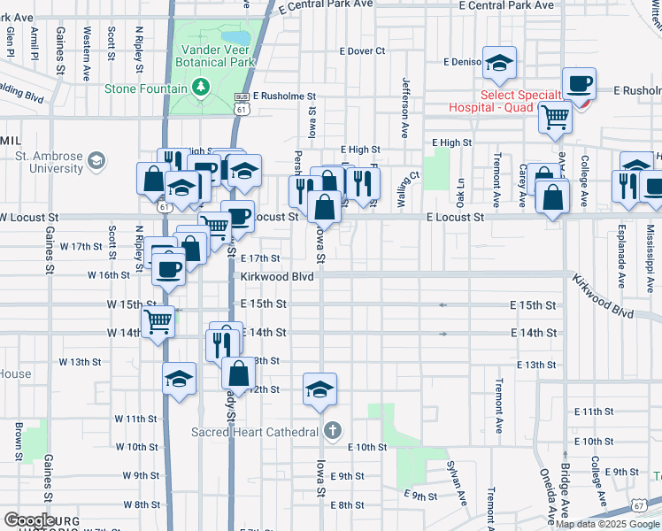 map of restaurants, bars, coffee shops, grocery stores, and more near 426 Kirkwood Boulevard in Davenport