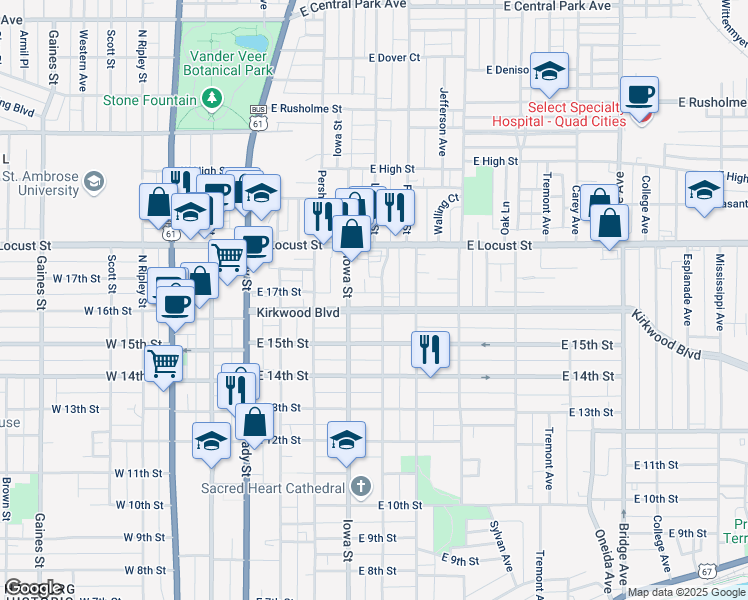 map of restaurants, bars, coffee shops, grocery stores, and more near 426 Kirkwood Boulevard in Davenport
