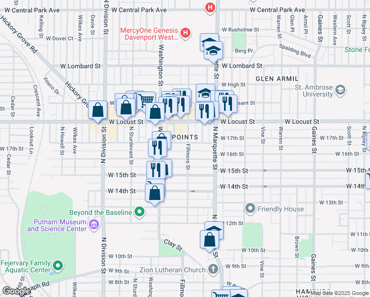 map of restaurants, bars, coffee shops, grocery stores, and more near 1618 Fillmore Street in Davenport