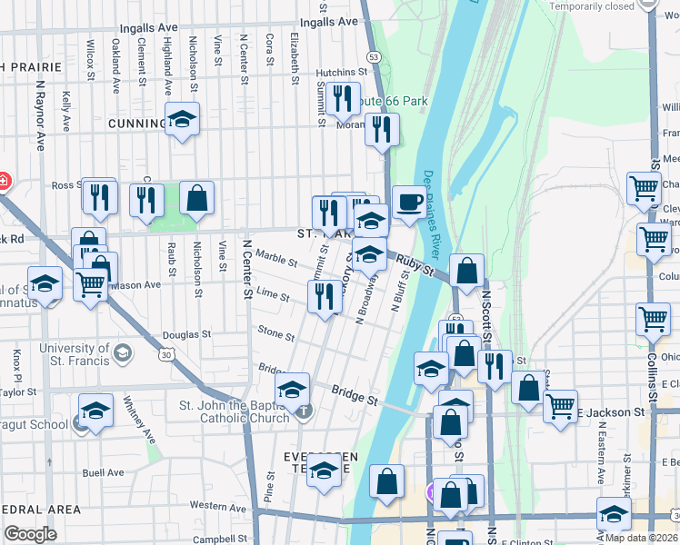 map of restaurants, bars, coffee shops, grocery stores, and more near 701 North Hickory Street in Joliet