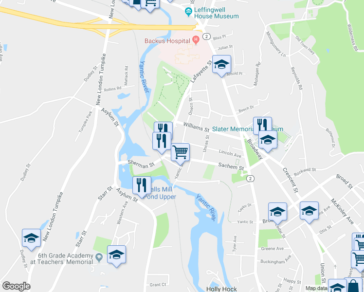 map of restaurants, bars, coffee shops, grocery stores, and more near 21 Oneco Street in Norwich