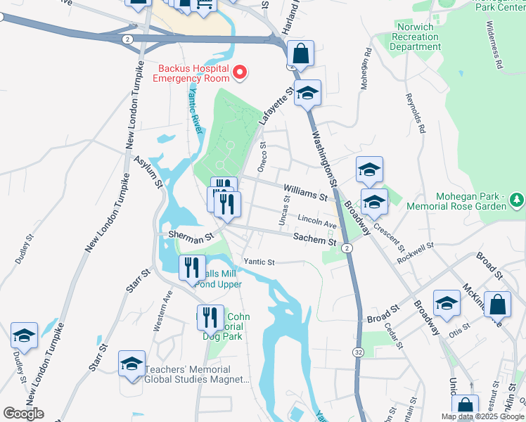 map of restaurants, bars, coffee shops, grocery stores, and more near 54 Lincoln Avenue in Norwich